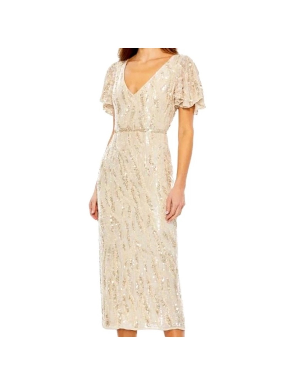 Mac Duggal 🌹Sequin Embellished V-Neck Midi Dress in Champagne